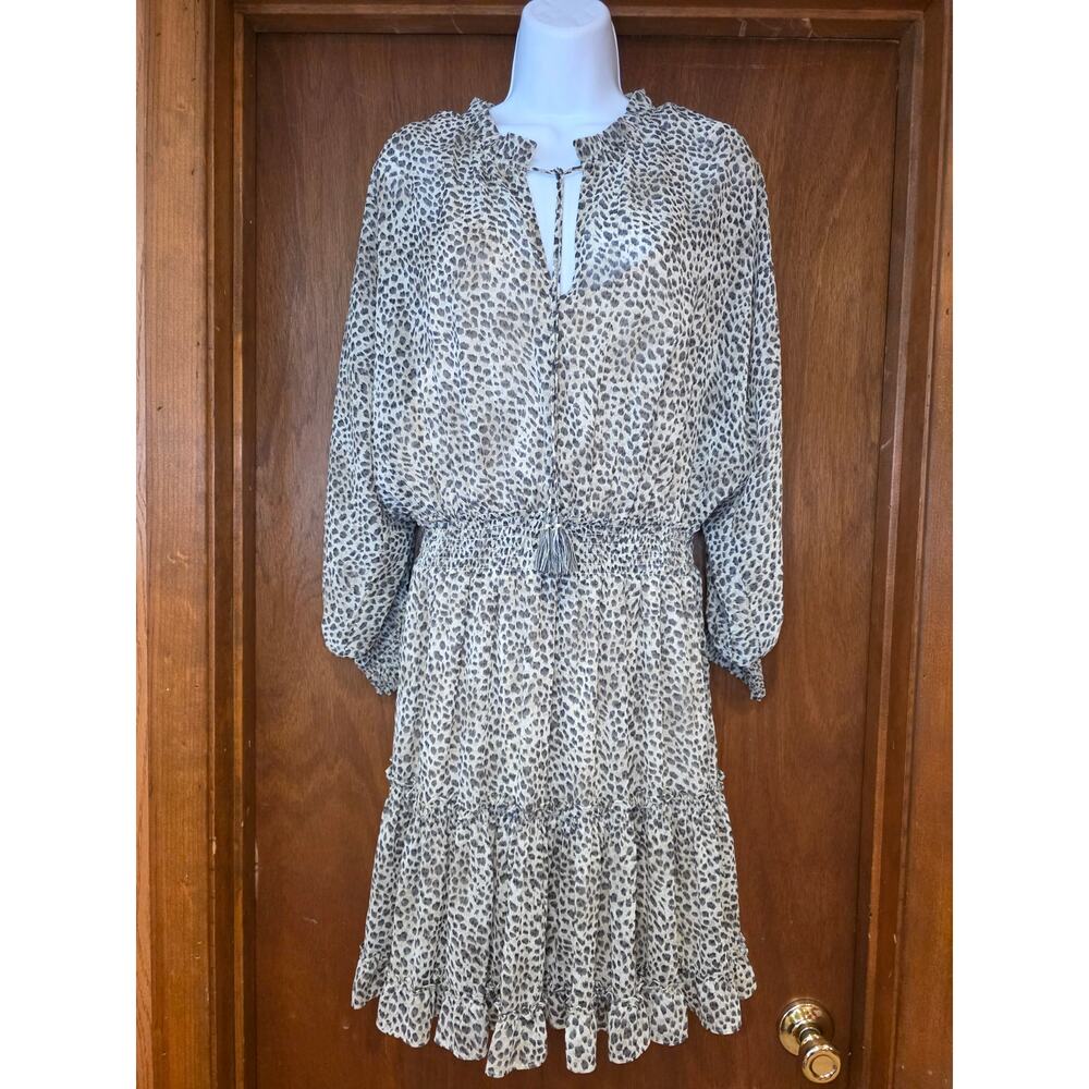 EUC‎ Lovestitch Leopard Print Mini Dress, boho, tiered ruffles sz M